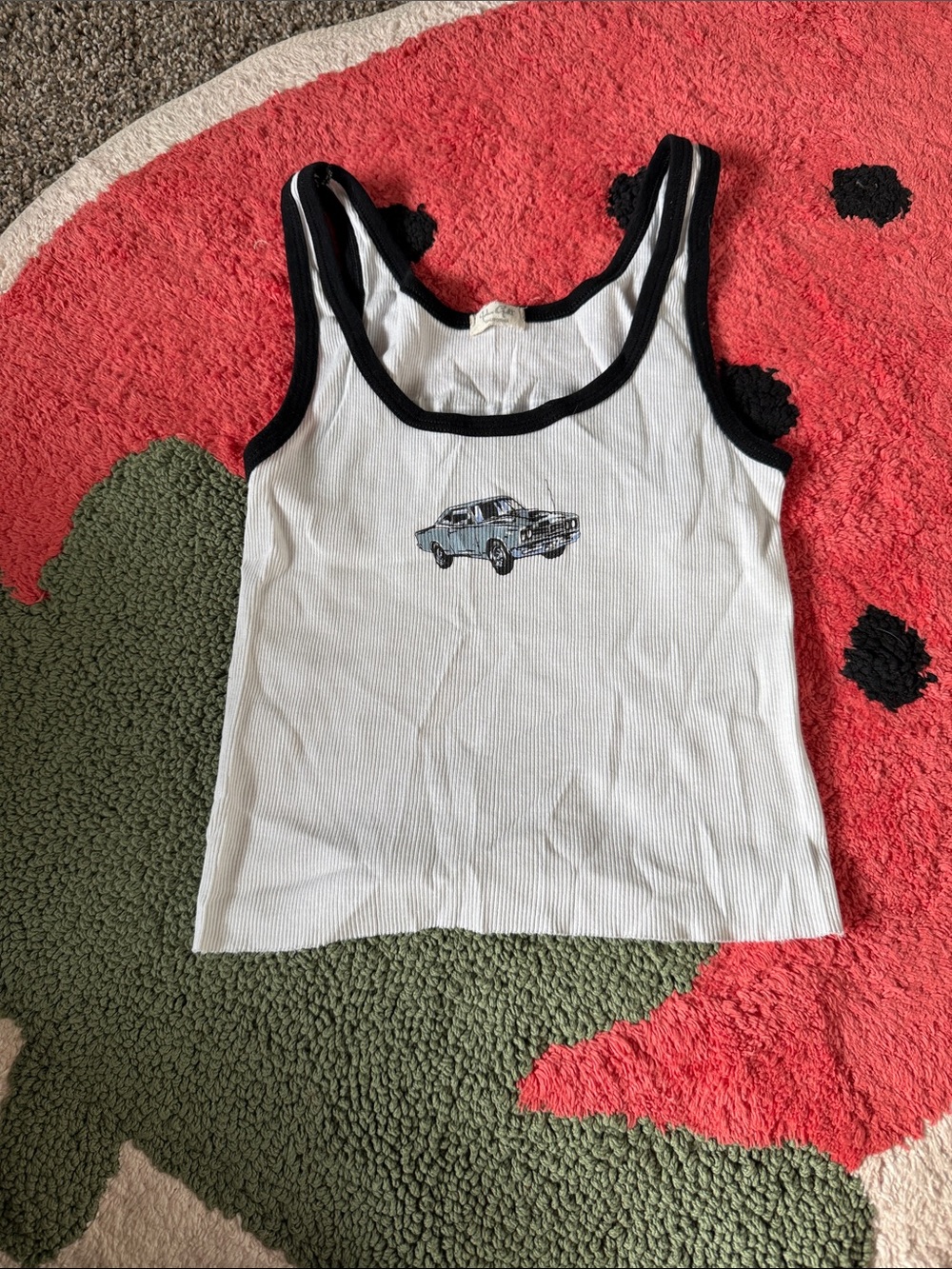 Brandy Melville White Tank Top with Black Trim and Blue Car Graphic
